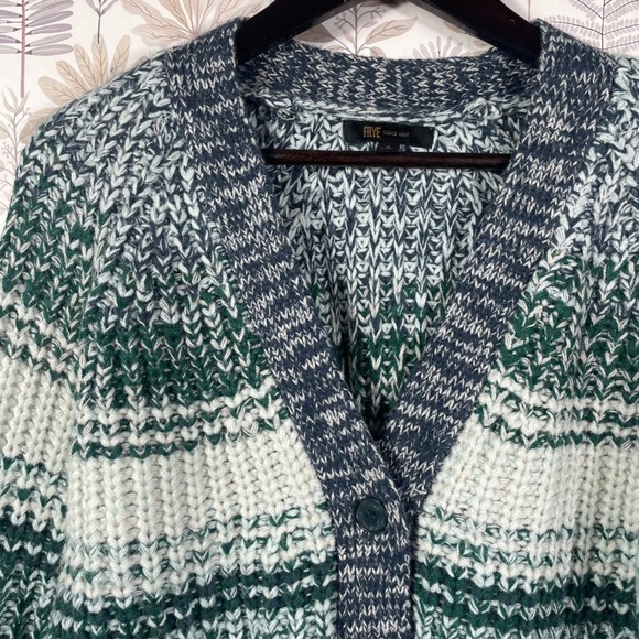 Frye Women's Striped Knit Cardigan Sweater Green White Navy Acrylic Size S - Picture 2 of 11